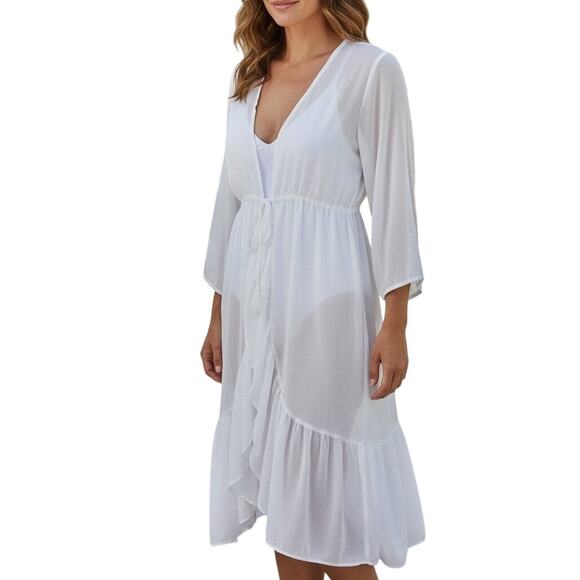 Shein White Sheer Ruffle Robe Large – Bridal, Lingerie, Beach Cover-Up - Picture 1 of 11